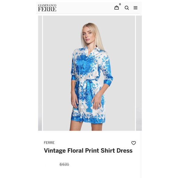 NWOT $631 FERRE Vintage Floral Print Blue Mini Shirt Dress Size IT50 - Picture 2 of 12